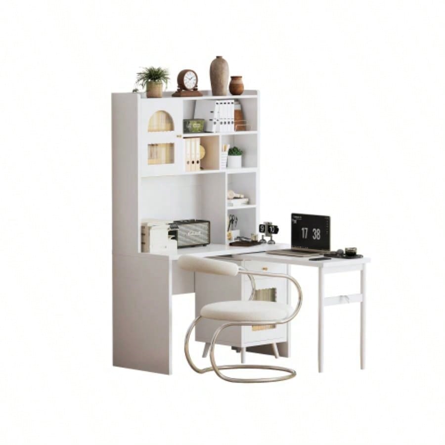 Computer Desk with 90 Degree Rotating Desktop, 43x70 Inch Office Desk with Storage Drawer and Cabinets, Gaming Desk with Shelves, Writing Desk Study, Work Desk Home Office Bedroom Living Room