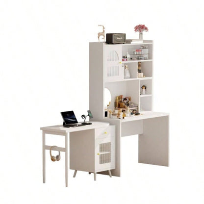 Computer Desk with 90 Degree Rotating Desktop, 43x70 Inch Office Desk with Storage Drawer and Cabinets, Gaming Desk with Shelves, Writing Desk Study, Work Desk Home Office Bedroom Living Room