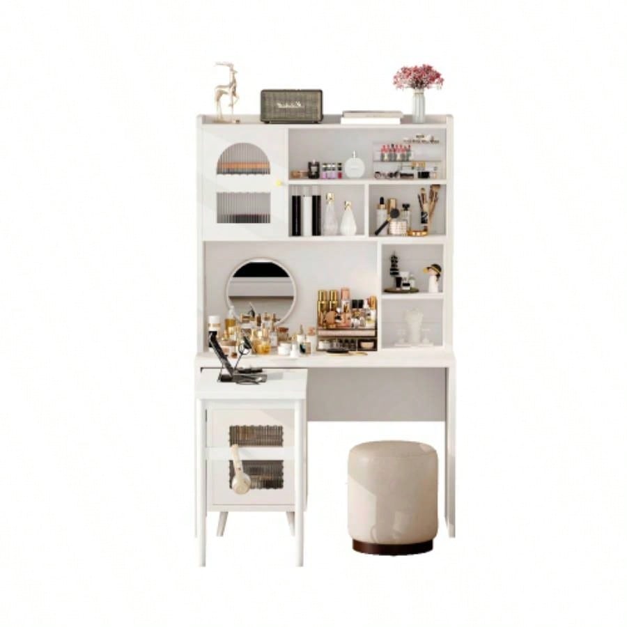 Computer Desk with 90 Degree Rotating Desktop, 43x70 Inch Office Desk with Storage Drawer and Cabinets, Gaming Desk with Shelves, Writing Desk Study, Work Desk Home Office Bedroom Living Room
