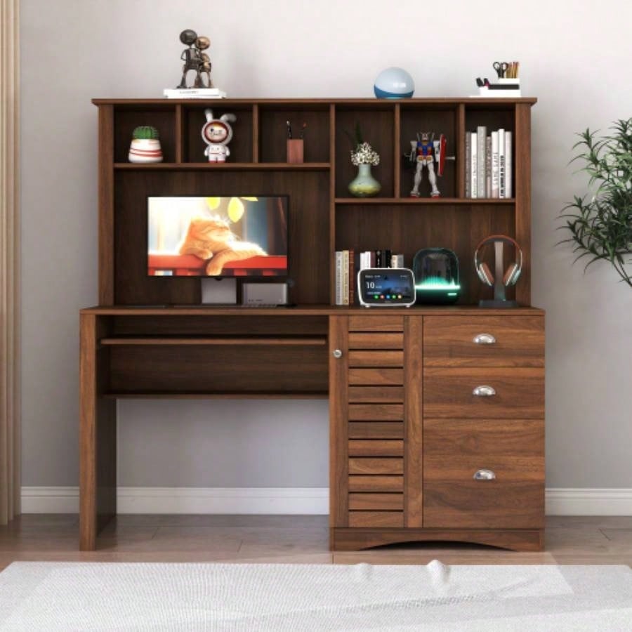 Home Office Computer Desk with Hutch, Antiqued White