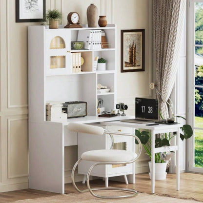 Computer Desk with 90 Degree Rotating Desktop, 43x70 Inch Office Desk with Storage Drawer and Cabinets, Gaming Desk with Shelves, Writing Desk Study, Work Desk Home Office Bedroom Living Room