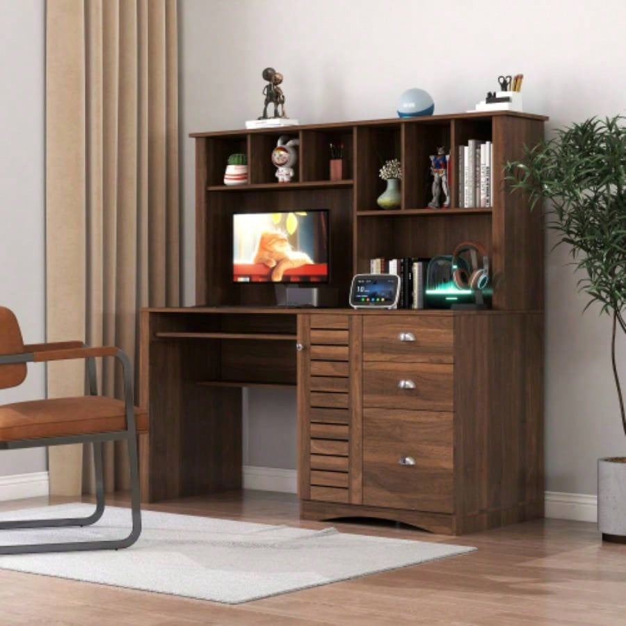 Home Office Computer Desk with Hutch, Antiqued White
