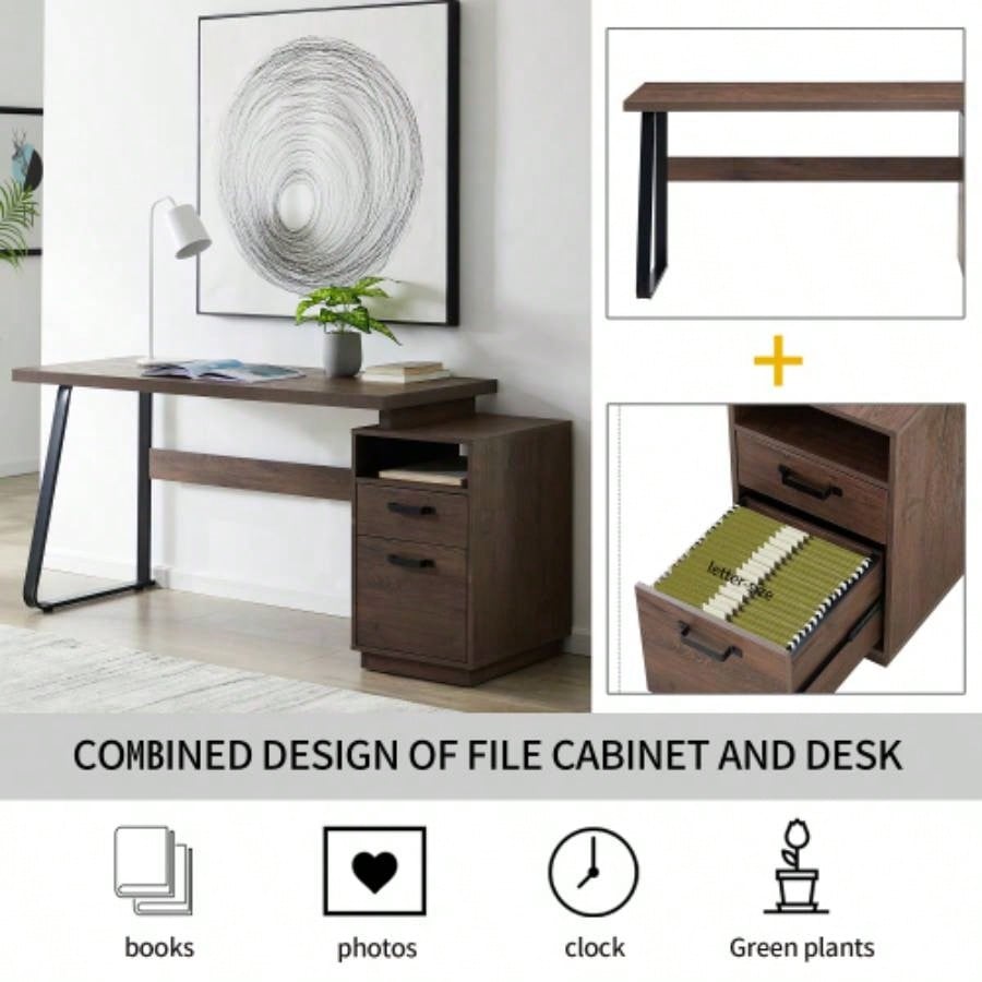 Home Office Computer Desk with Drawers/Hanging Letter - size Files, 65 inch Writing Study Table with Drawers