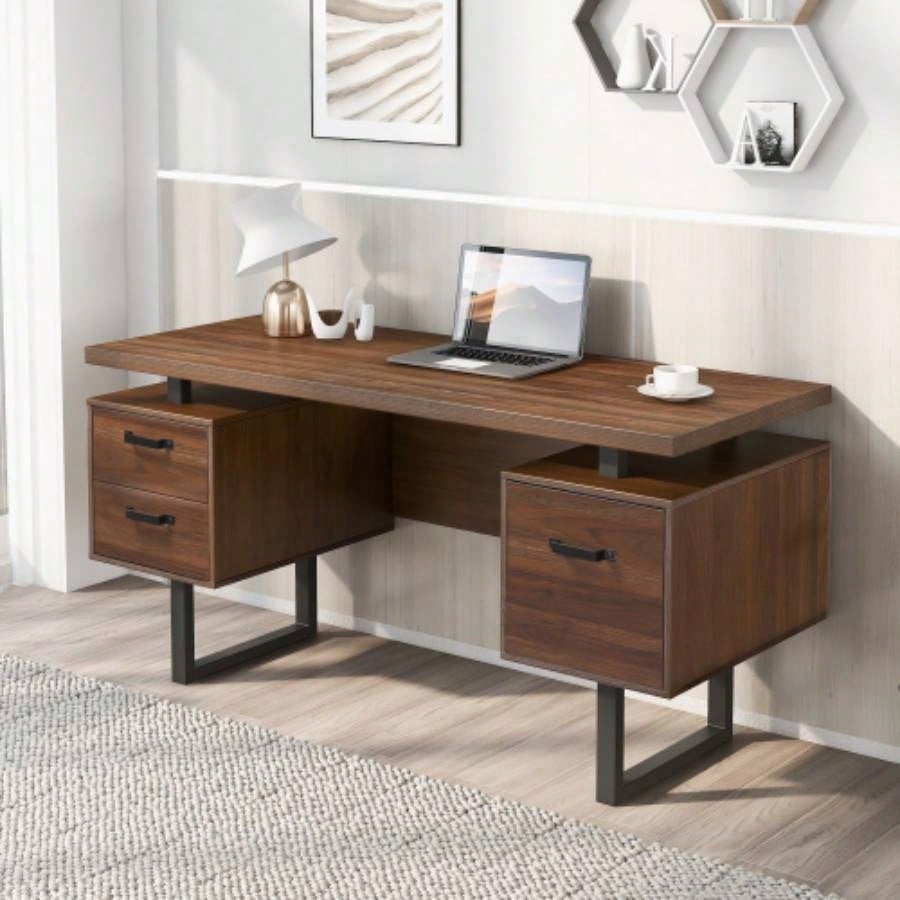 Home Office Computer Desk with Drawers/Hanging Letter - size Files, 59 inch Writing Study Table with Drawers