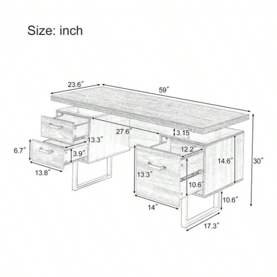 Home Office Computer Desk with Drawers/Hanging Letter - size Files, 59 inch Writing Study Table with Drawers