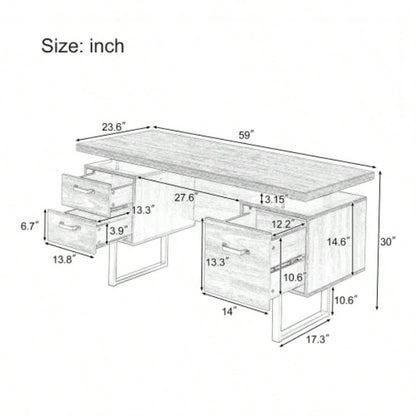 Home Office Computer Desk with Drawers/Hanging Letter - size Files, 59 inch Writing Study Table with Drawers