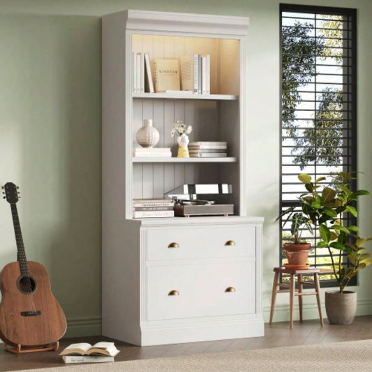 83.4Tall Bookshelf Writting Desk Suite, Modern Bookcase Suite with LED Lighting, Drawers, Study Desk and Open Shelves, 2 - Piece Set Storage Bookshelf Living Room, Home Office, Study room, White