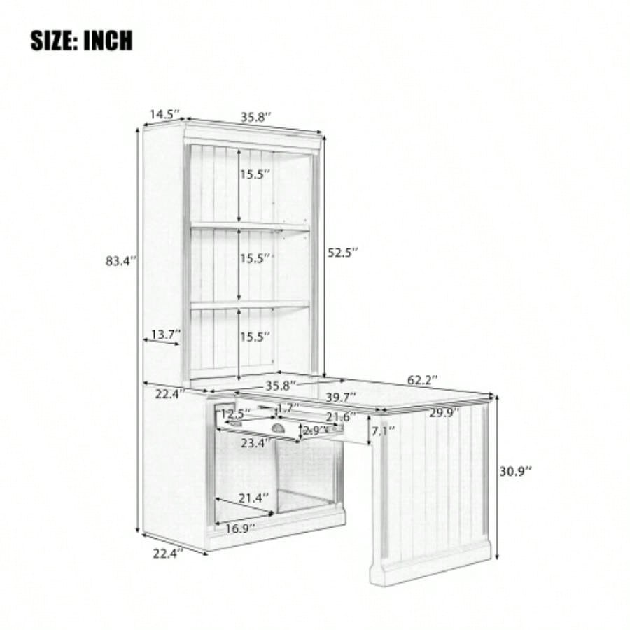 83.4Tall Bookshelf Writting Desk Suite, Modern Bookcase Suite with LED Lighting, Drawers, Study Desk and Open Shelves, 2 - Piece Set Storage Bookshelf Living Room, Home Office, Study room, White