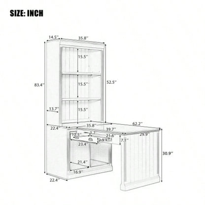 83.4Tall Bookshelf Writting Desk Suite, Modern Bookcase Suite with LED Lighting, Drawers, Study Desk and Open Shelves, 2 - Piece Set Storage Bookshelf Living Room, Home Office, Study room, White