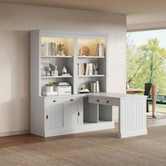 83.4Tall Bookshelf Writting Desk Suite, Modern Bookcase Suite with LED Lighting, Drawers, Study Desk and Open Shelves, 2 - Piece Set Storage Bookshelf Living Room, Home Office, Study room, White