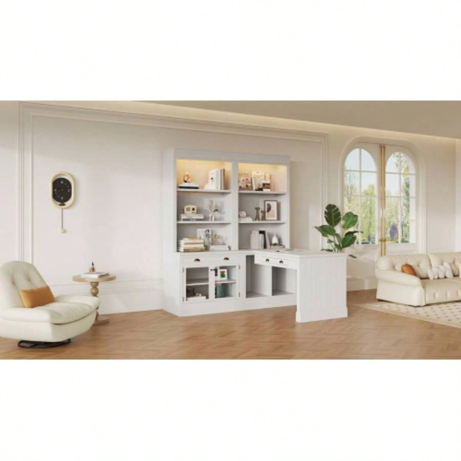 83.4Tall Bookshelf Writting Desk Suite, Modern Bookcase Suite with LED Lighting, Drawers, Study Desk and Open Shelves, 2 - Piece Set Storage Bookshelf Living Room, Home Office, Study room, White