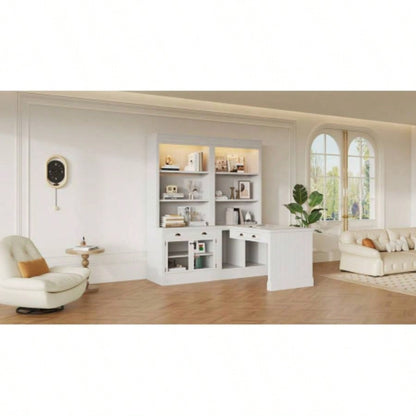 83.4Tall Bookshelf Writting Desk Suite, Modern Bookcase Suite with LED Lighting, Drawers, Study Desk and Open Shelves, 2 - Piece Set Storage Bookshelf Living Room, Home Office, Study room, White
