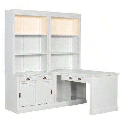 83.4Tall Bookshelf Writting Desk Suite, Modern Bookcase Suite with LED Lighting, Drawers, Study Desk and Open Shelves, 2 - Piece Set Storage Bookshelf Living Room, Home Office, Study room, White
