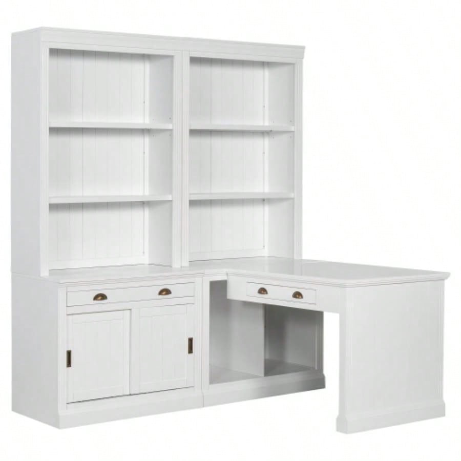 83.4Tall Bookshelf Writting Desk Suite, Modern Bookcase Suite with LED Lighting, Drawers, Study Desk and Open Shelves, 2 - Piece Set Storage Bookshelf Living Room, Home Office, Study room, White
