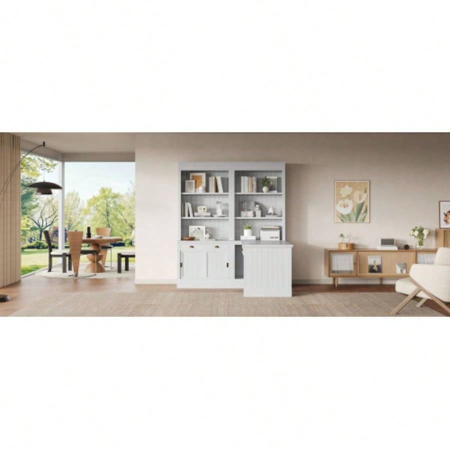 83.4Tall Bookshelf Writting Desk Suite, Modern Bookcase Suite with LED Lighting, Drawers, Study Desk and Open Shelves, 2 - Piece Set Storage Bookshelf Living Room, Home Office, Study room, White