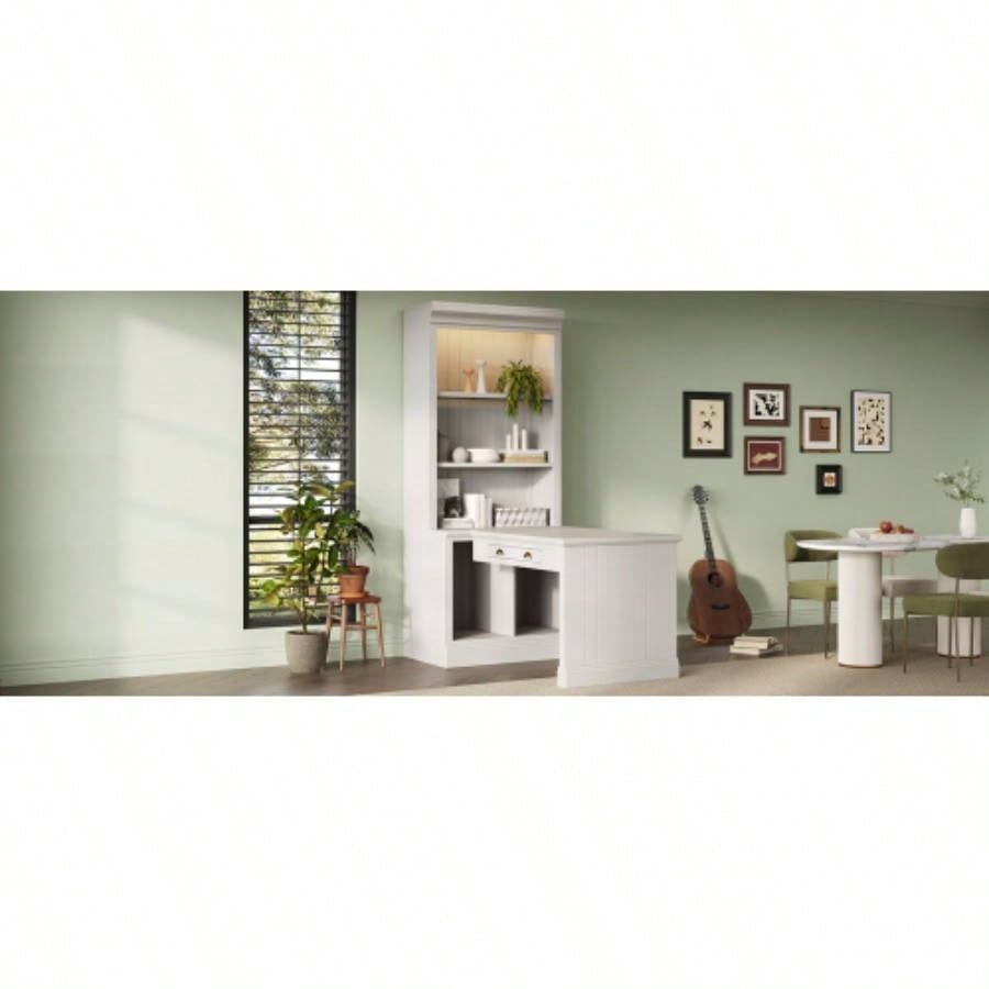 83.4Tall Bookshelf Writting Desk Suite, Modern Bookcase Suite with LED Lighting, Drawers, Study Desk and Open Shelves, 2 - Piece Set Storage Bookshelf Living Room, Home Office, Study room, White