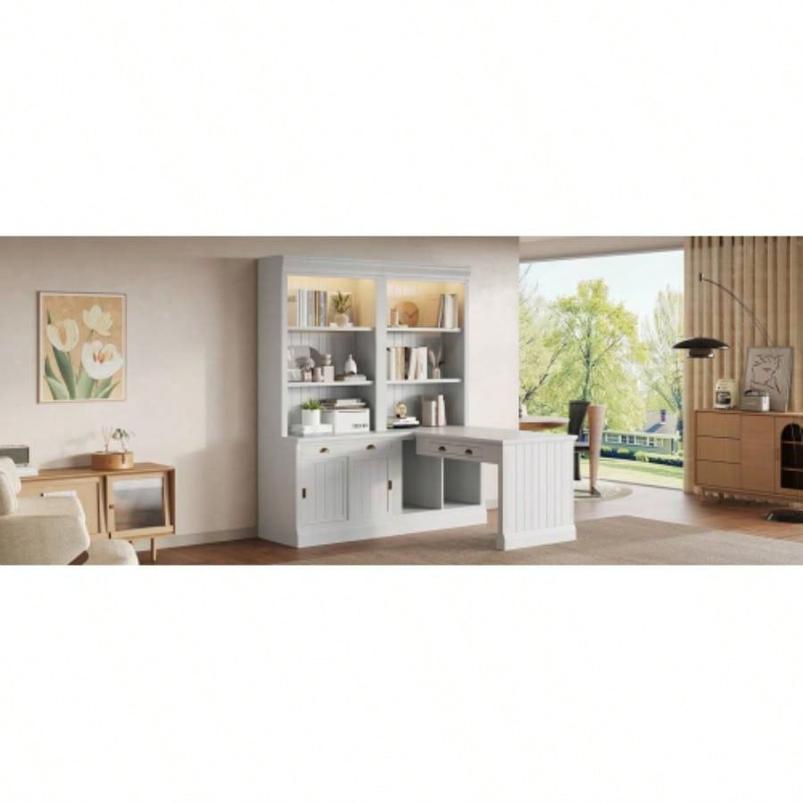83.4Tall Bookshelf Writting Desk Suite, Modern Bookcase Suite with LED Lighting, Drawers, Study Desk and Open Shelves, 2 - Piece Set Storage Bookshelf Living Room, Home Office, Study room, White