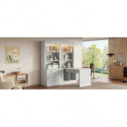 83.4Tall Bookshelf Writting Desk Suite, Modern Bookcase Suite with LED Lighting, Drawers, Study Desk and Open Shelves, 2 - Piece Set Storage Bookshelf Living Room, Home Office, Study room, White