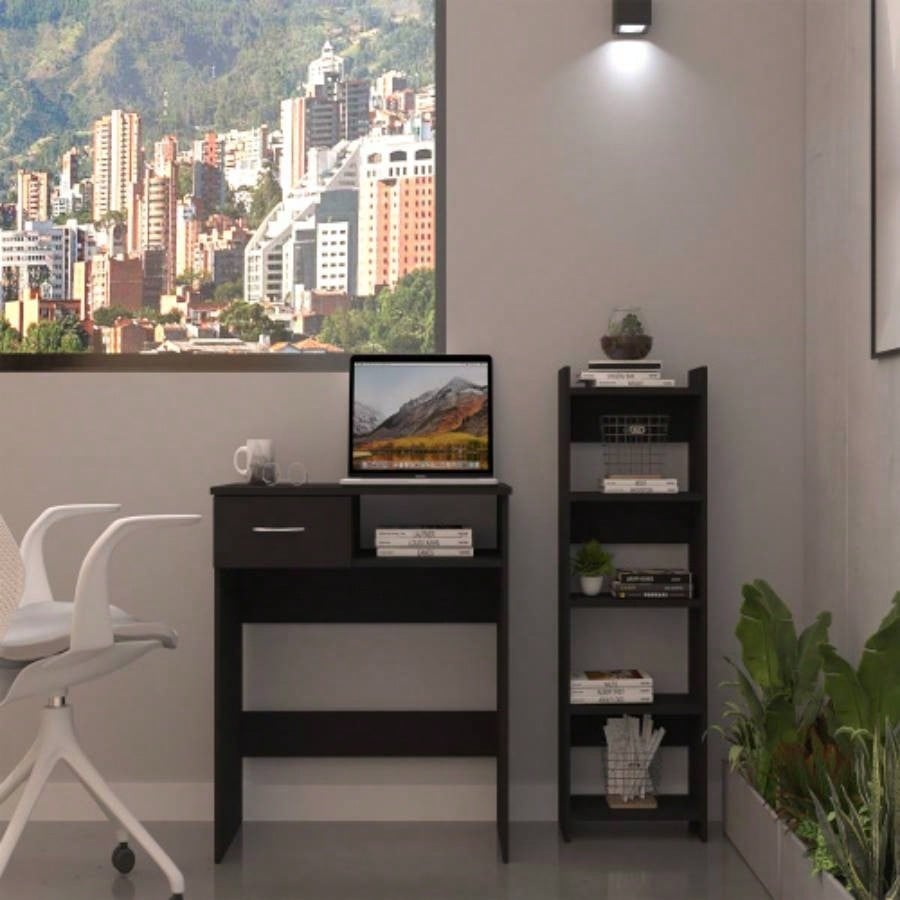 Home Office Set, Two Parts Set, One Drawer, Desktop, Keyboard Tray, Stand, Five Shelves, Black