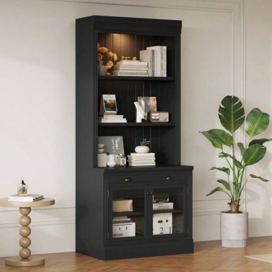 83.4Tall Bookshelf Writting Desk Suite, Modern Bookcase Suite with LED Lighting, Drawers, Study Desk and Open Shelves, 2 - Piece Set Storage Bookshelf Living Room, Home Office, Study room, White