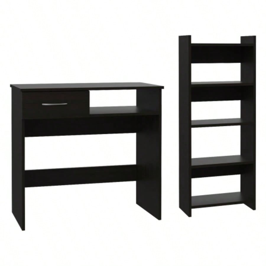 Home Office Set, Two Parts Set, One Drawer, Desktop, Keyboard Tray, Stand, Five Shelves, Black