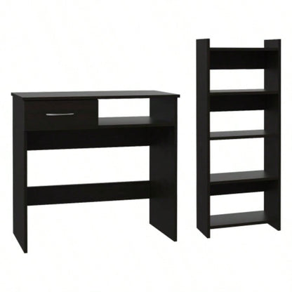 Home Office Set, Two Parts Set, One Drawer, Desktop, Keyboard Tray, Stand, Five Shelves, Black