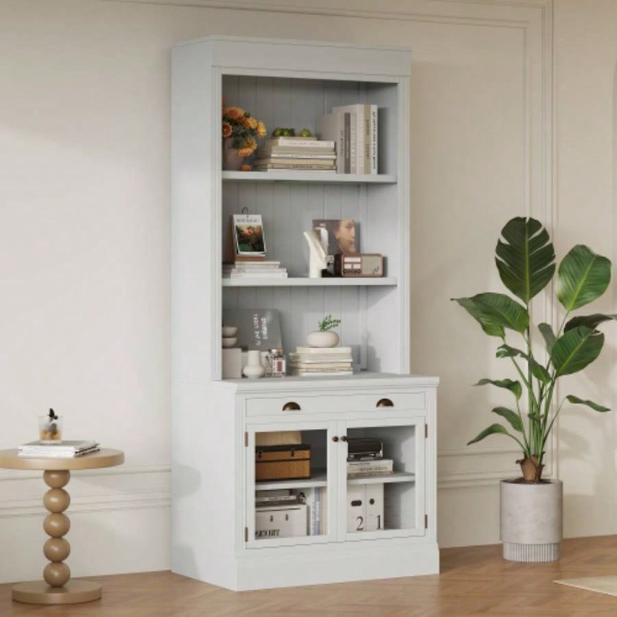 83.4Tall Bookshelf Writting Desk Suite, Modern Bookcase Suite with LED Lighting, Drawers, Study Desk and Open Shelves, 2 - Piece Set Storage Bookshelf Living Room, Home Office, Study room, White