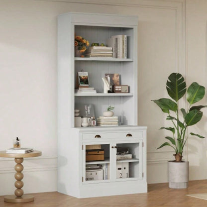 83.4Tall Bookshelf Writting Desk Suite, Modern Bookcase Suite with LED Lighting, Drawers, Study Desk and Open Shelves, 2 - Piece Set Storage Bookshelf Living Room, Home Office, Study room, White