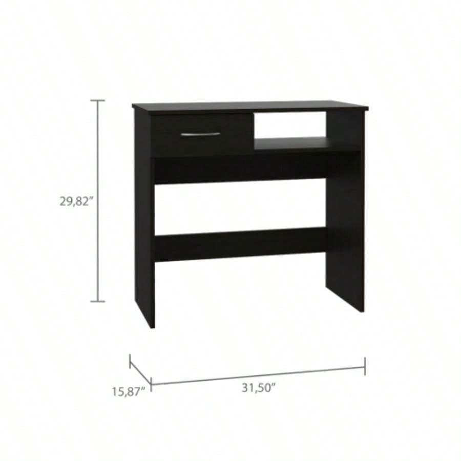 Home Office Set, Two Parts Set, One Drawer, Desktop, Keyboard Tray, Stand, Five Shelves, Black