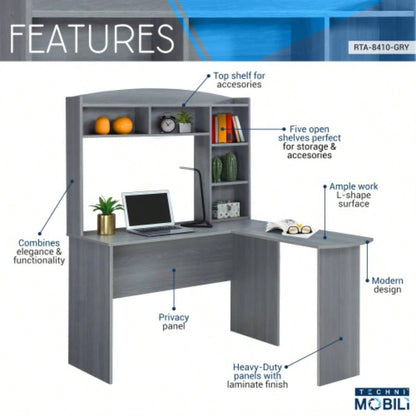 Techni Mobili Modern L - Shaped Desk with Hutch,