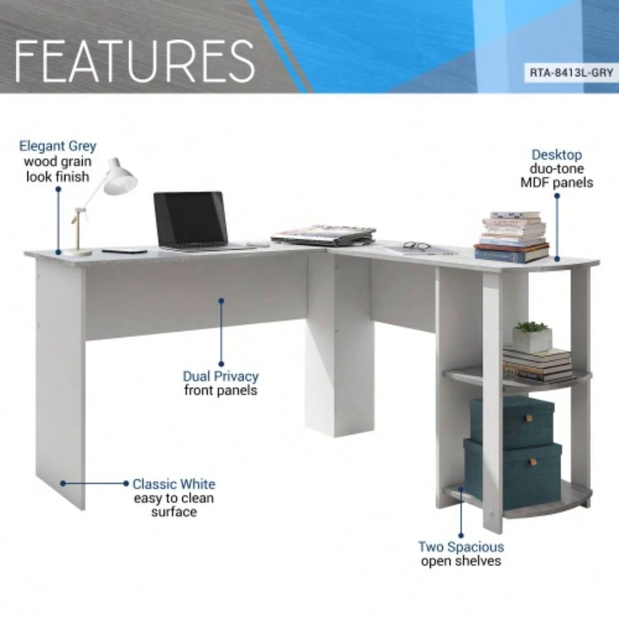 Techni Mobili Modern L - Shaped Desk with Side Shelves,