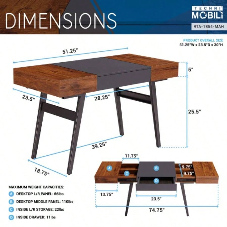 Techni Mobili Writing Desk - Dual Side Pull - Out Front Drawer - Coated Steel Frame - Mahogany