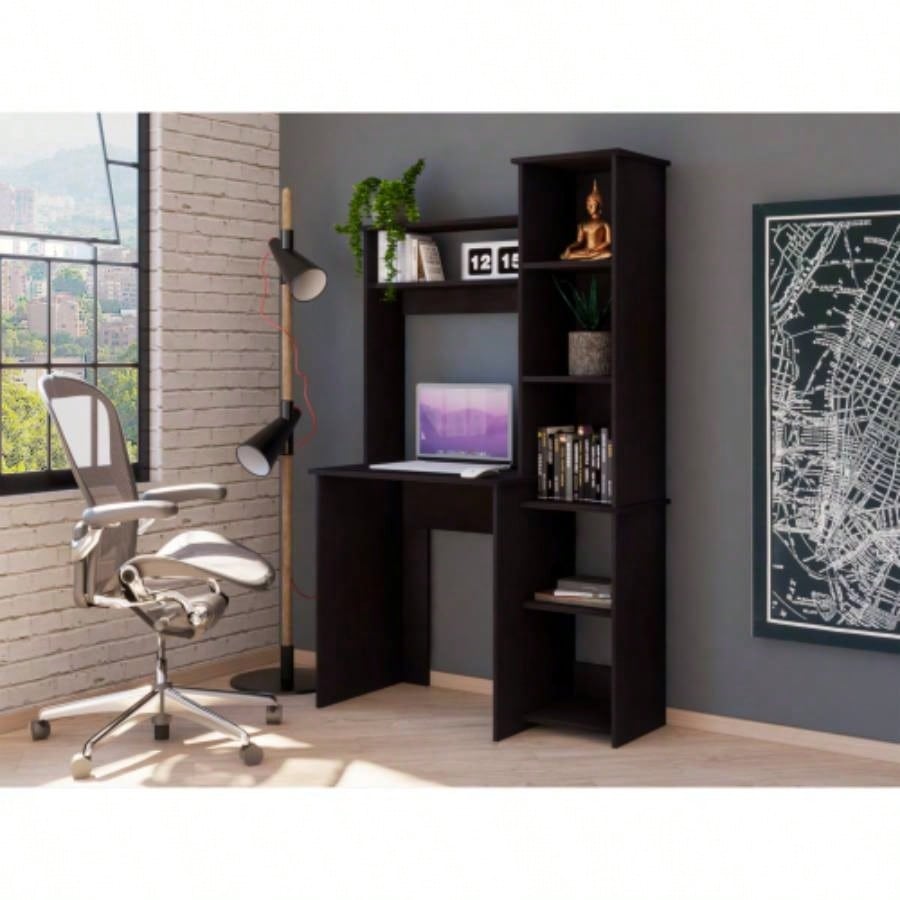 Desk, Five Shelves, Two Superior Shelves, Black