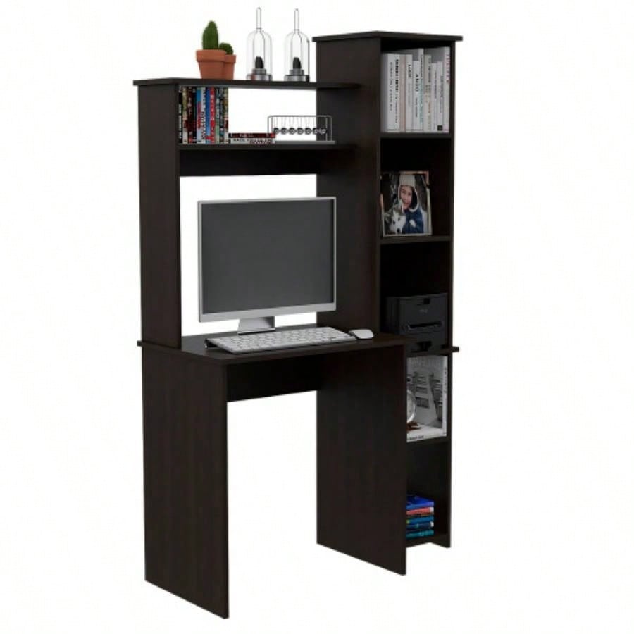 Desk, Five Shelves, Two Superior Shelves, Black