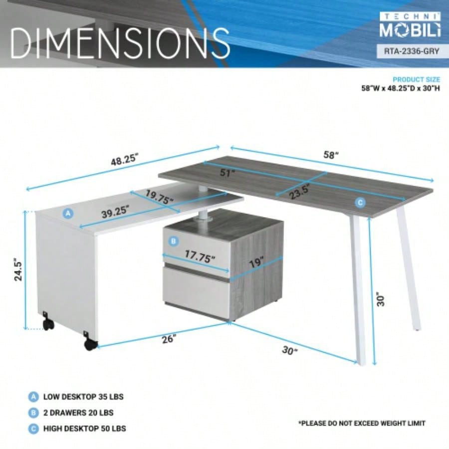 Techni Mobili Rotating Multi - Positional Modern Desk,