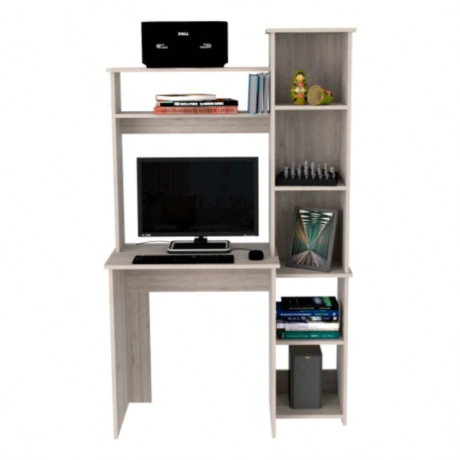 Desk, Five Shelves, Two Superior Shelves, Light Gray