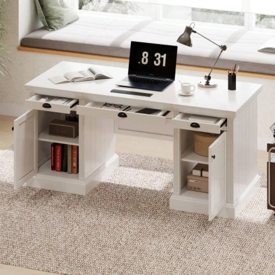 67Modern Executive Desk, Computer Desk with 2 Storage Cabinet and 3 Drawers, Rectangle Home Office Desk with back, Reading Desk, Writing Table, Workstation Home Office, Living Room, study, White