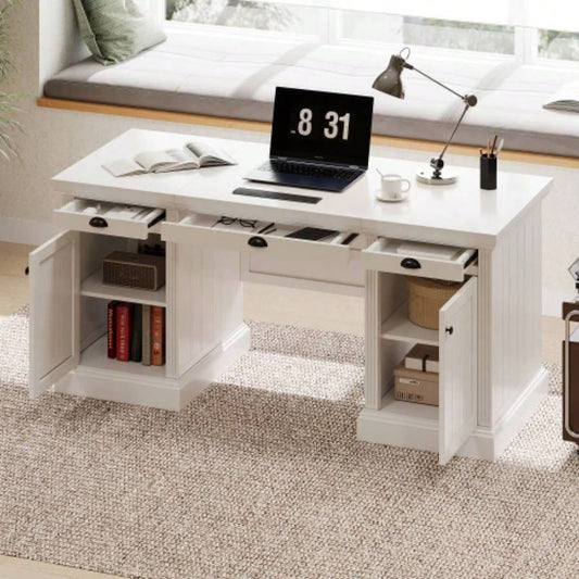 67Modern Executive Desk, Computer Desk with 2 Storage Cabinet and 3 Drawers, Rectangle Home Office Desk with back, Reading Desk, Writing Table, Workstation Home Office, Living Room, study, White