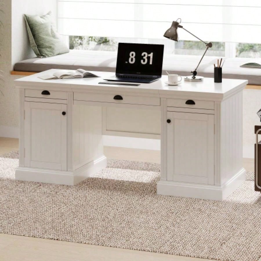 67Modern Executive Desk, Computer Desk with 2 Storage Cabinet and 3 Drawers, Rectangle Home Office Desk with back, Reading Desk, Writing Table, Workstation Home Office, Living Room, study, White