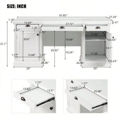 67Modern Executive Desk, Computer Desk with 2 Storage Cabinet and 3 Drawers, Rectangle Home Office Desk with back, Reading Desk, Writing Table, Workstation Home Office, Living Room, study, White