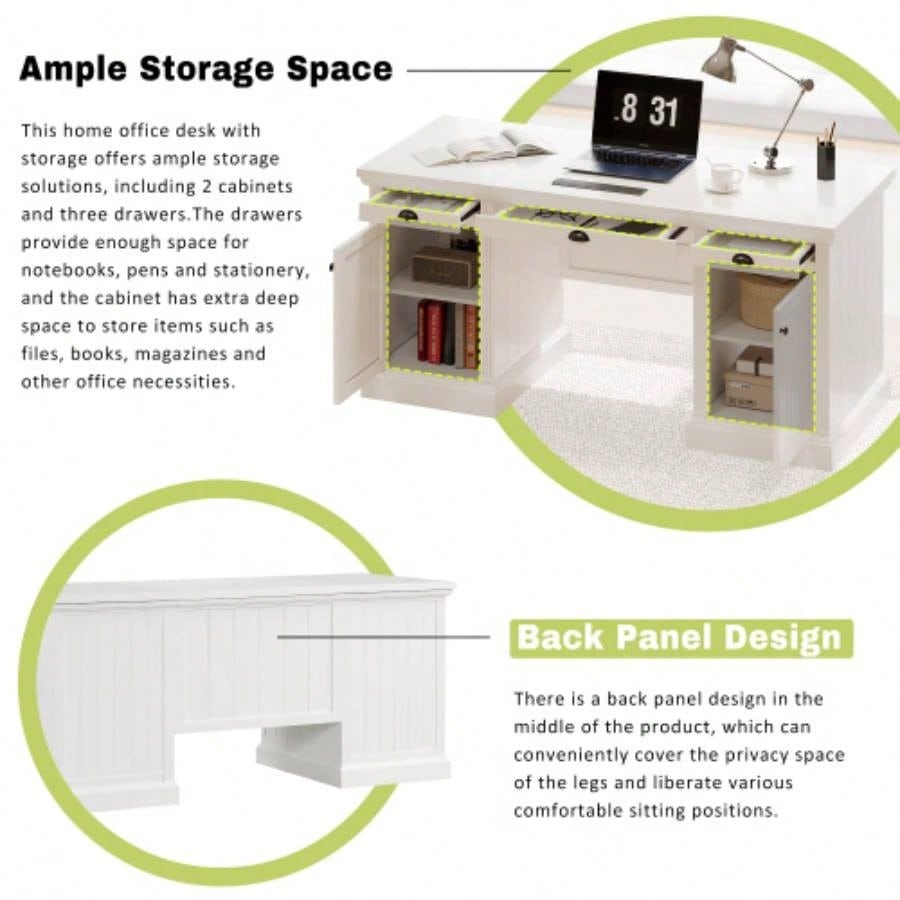 67Modern Executive Desk, Computer Desk with 2 Storage Cabinet and 3 Drawers, Rectangle Home Office Desk with back, Reading Desk, Writing Table, Workstation Home Office, Living Room, study, White
