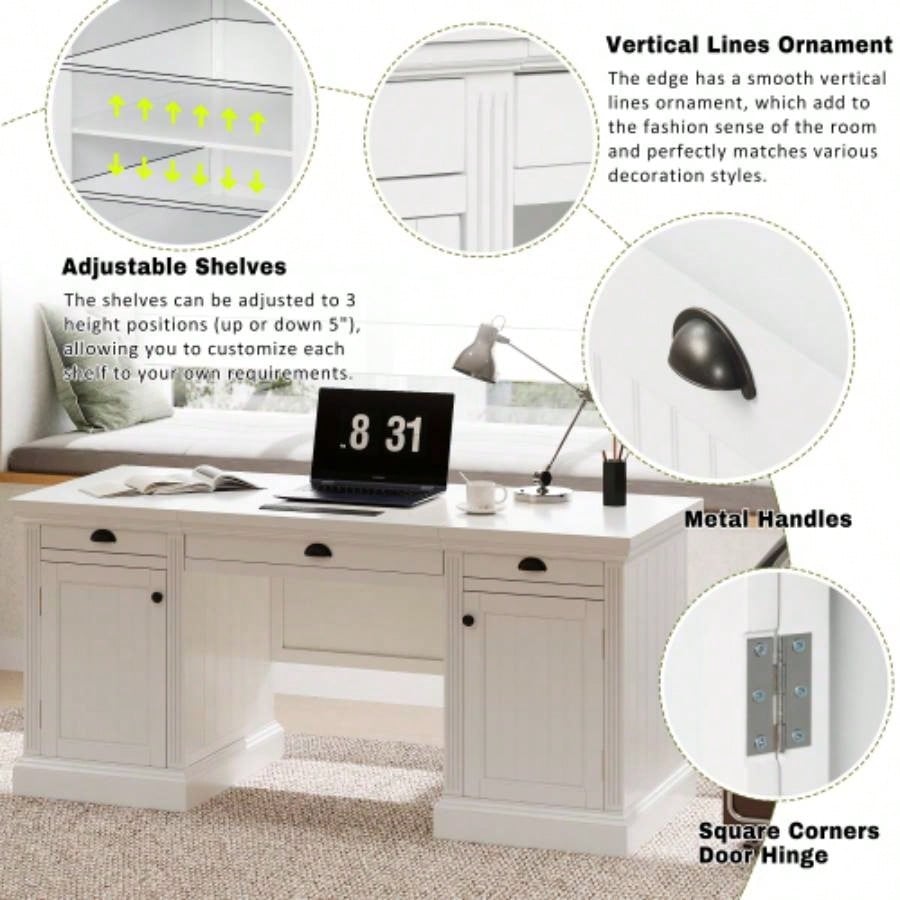 67Modern Executive Desk, Computer Desk with 2 Storage Cabinet and 3 Drawers, Rectangle Home Office Desk with back, Reading Desk, Writing Table, Workstation Home Office, Living Room, study, White