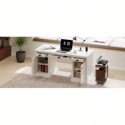 67Modern Executive Desk, Computer Desk with 2 Storage Cabinet and 3 Drawers, Rectangle Home Office Desk with back, Reading Desk, Writing Table, Workstation Home Office, Living Room, study, White