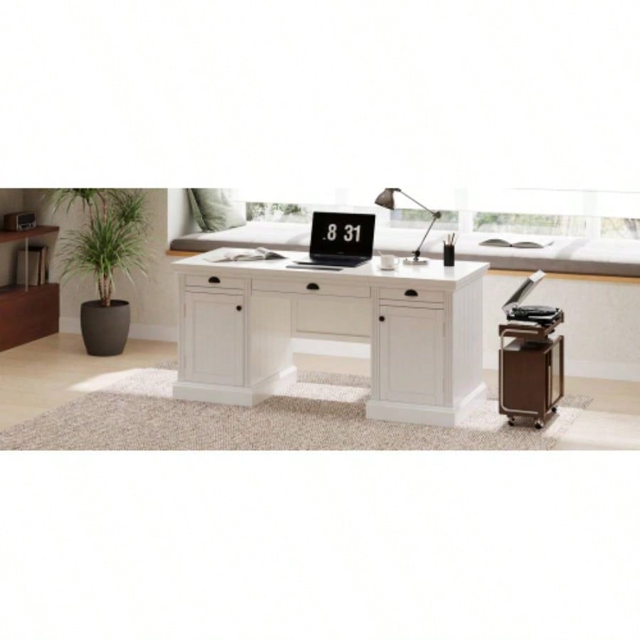 67Modern Executive Desk, Computer Desk with 2 Storage Cabinet and 3 Drawers, Rectangle Home Office Desk with back, Reading Desk, Writing Table, Workstation Home Office, Living Room, study, White