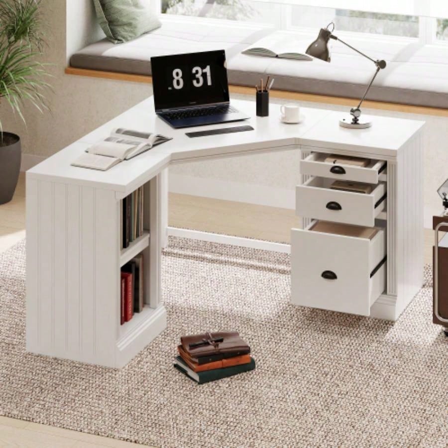 67Modern Executive Desk, Computer Desk with 2 Storage Cabinet and 3 Drawers, Rectangle Home Office Desk with back, Reading Desk, Writing Table, Workstation Home Office, Living Room, study, White