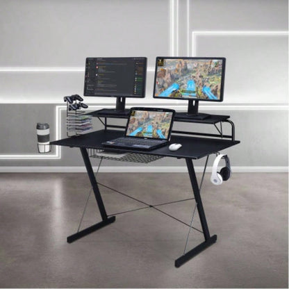 Techni Sport TS - 200 Carbon Computer Gaming Desk with Shelving, Black