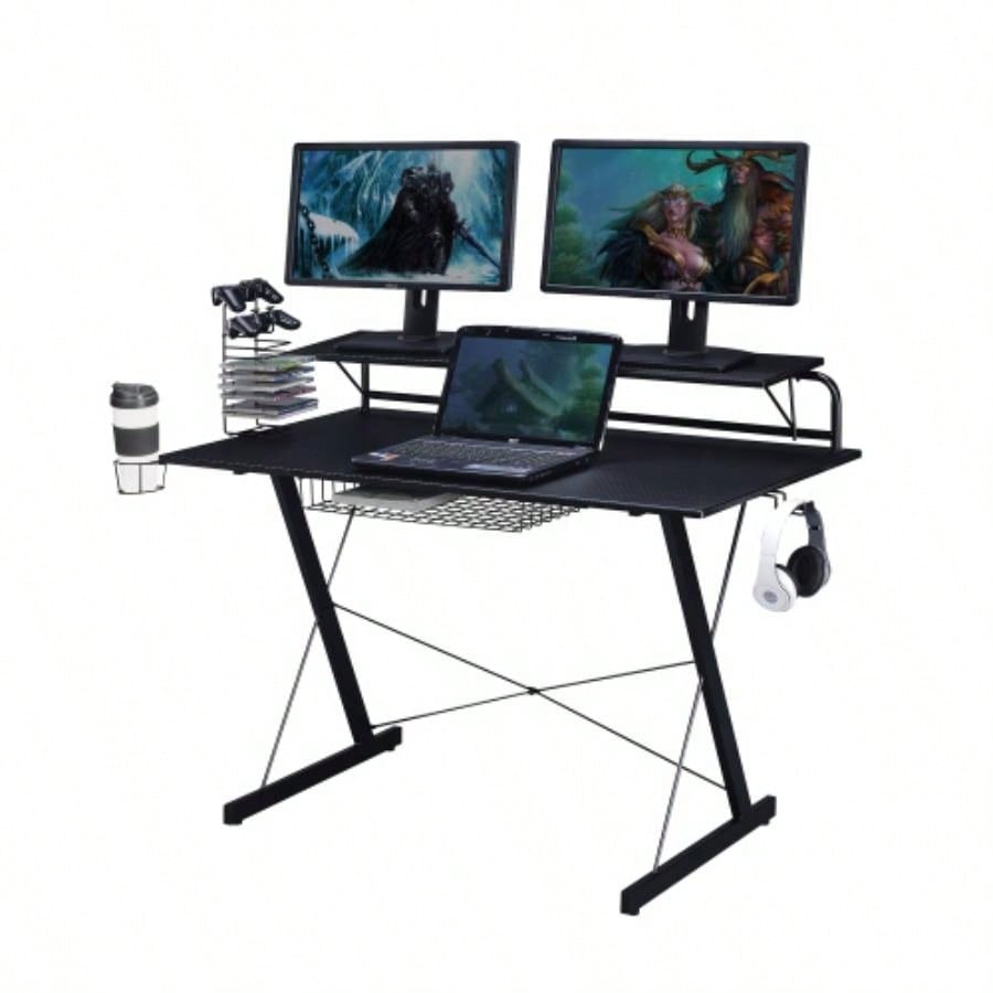 Techni Sport TS - 200 Carbon Computer Gaming Desk with Shelving, Black