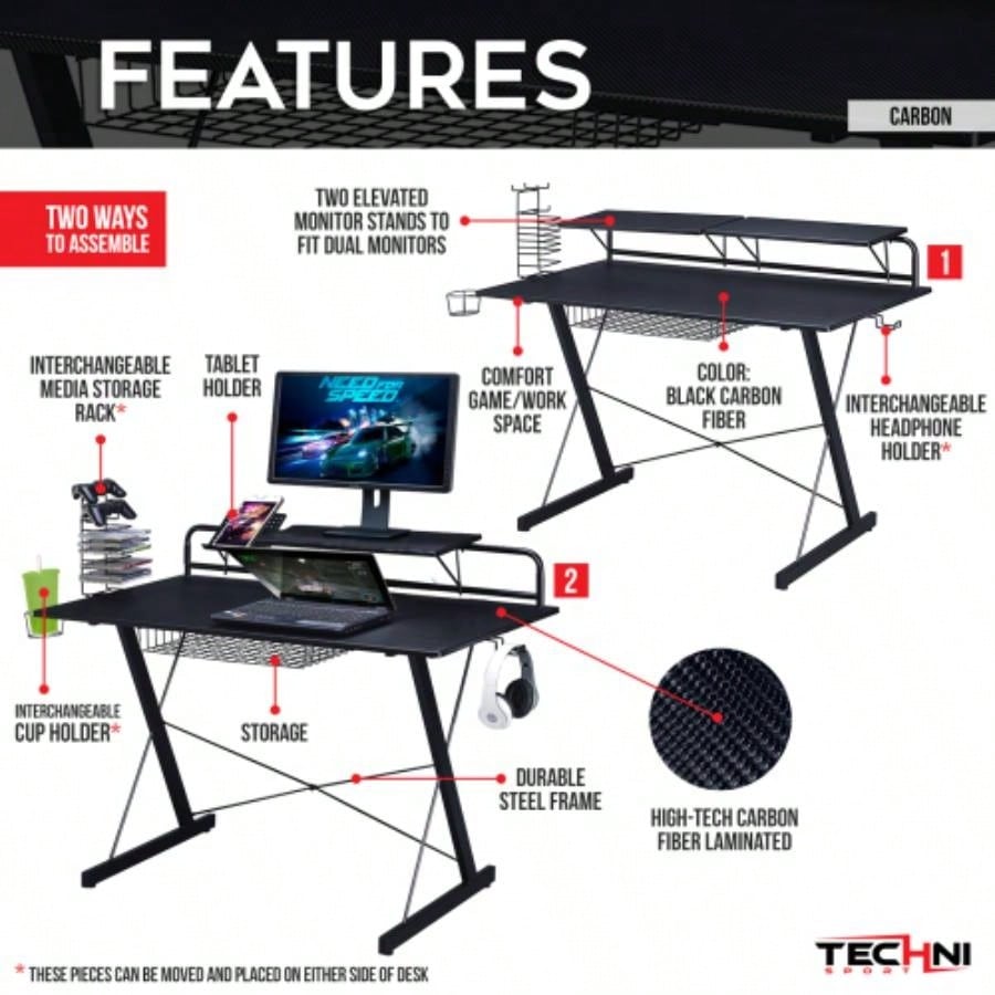 Techni Sport TS - 200 Carbon Computer Gaming Desk with Shelving, Black