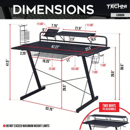 Techni Sport TS - 200 Carbon Computer Gaming Desk with Shelving, Black