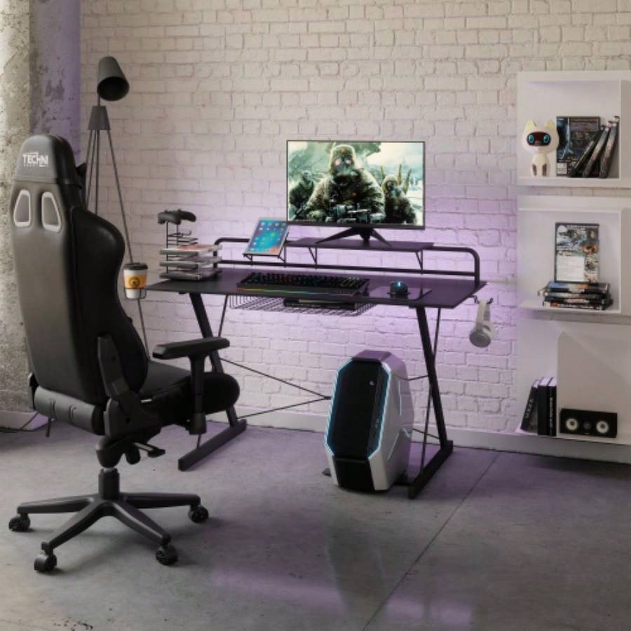 Techni Sport TS - 200 Carbon Computer Gaming Desk with Shelving, Black